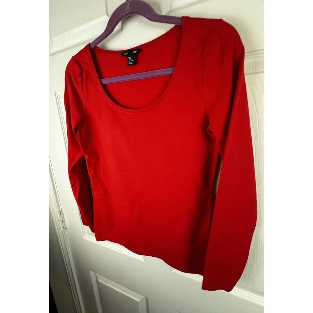 H&M Scooped Neck Top Long Sleeves Red M Casual Minimalist 50-08 - Picture 9 of 15